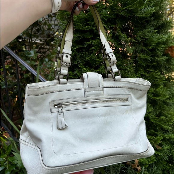 Coach Hampton White Leather Stripe Buckle Double Handle Satchel Shoulder Bag - Picture 7 of 9
